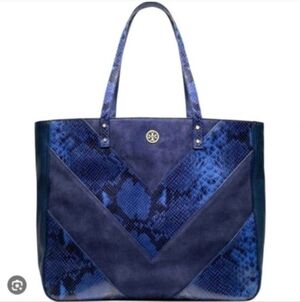 🍁🍂HTF RARE Tory Burch Blue & Night Sky Chevron Leather Suede Tote Italian